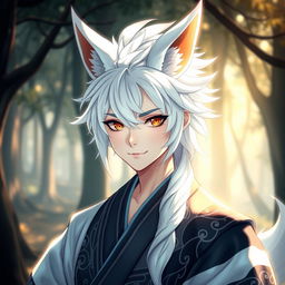 A stunning male kitsune character in human form, featuring striking white hair and sharp fox-like features
