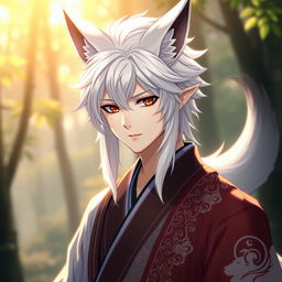 A stunning male kitsune character in human form, featuring striking white hair and sharp fox-like features