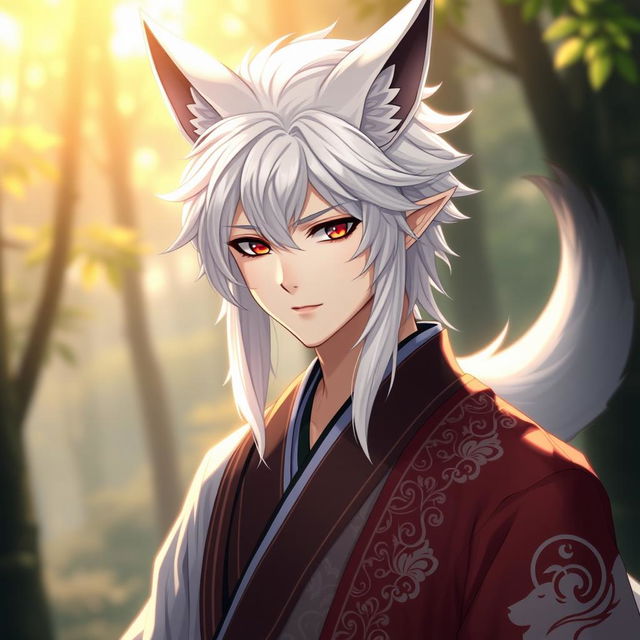 A stunning male kitsune character in human form, featuring striking white hair and sharp fox-like features