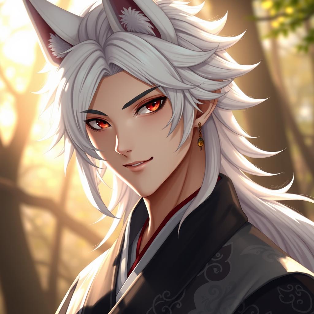 A stunning male kitsune character in human form, featuring striking white hair and sharp fox-like features