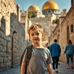 A young boy walking through the ancient streets of Jerusalem, with historical buildings and monuments surrounding him