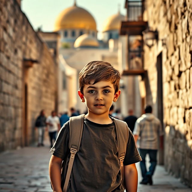 A young boy walking through the ancient streets of Jerusalem, with historical buildings and monuments surrounding him