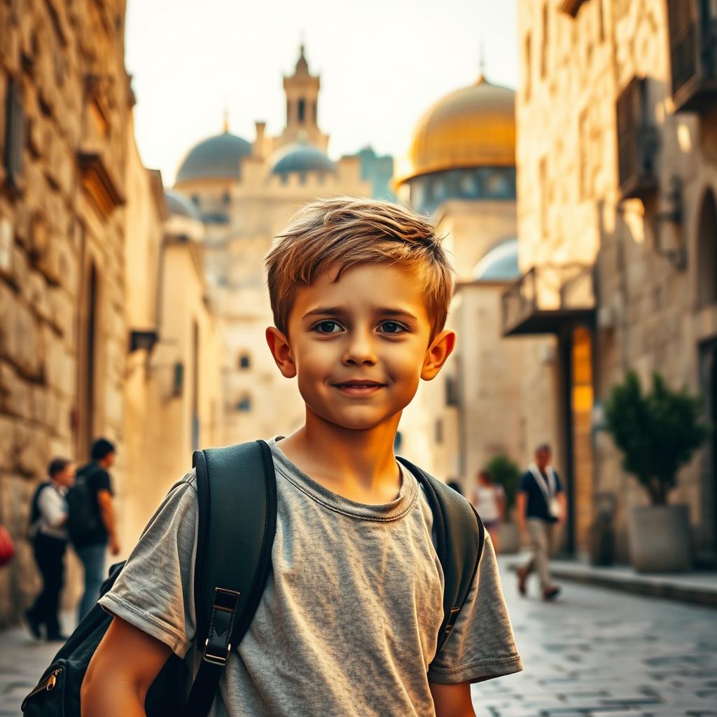 A young boy walking through the ancient streets of Jerusalem, with historical buildings and monuments surrounding him