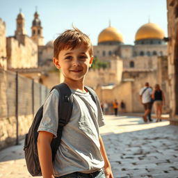 A young boy walking through the ancient streets of Jerusalem, with historical buildings and monuments surrounding him