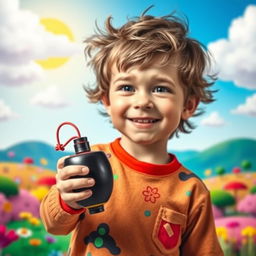 A young boy holding a toy bomb in his hand, standing in a playful, imaginative setting