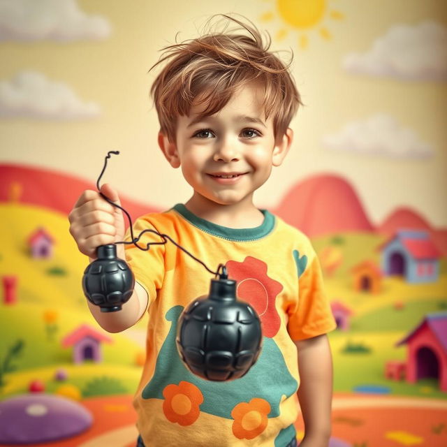 A young boy holding a toy bomb in his hand, standing in a playful, imaginative setting