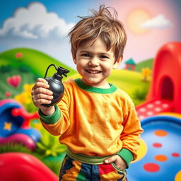 A young boy holding a toy bomb in his hand, standing in a playful, imaginative setting