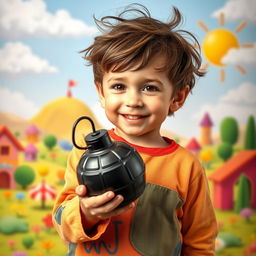 A young boy holding a toy bomb in his hand, standing in a playful, imaginative setting