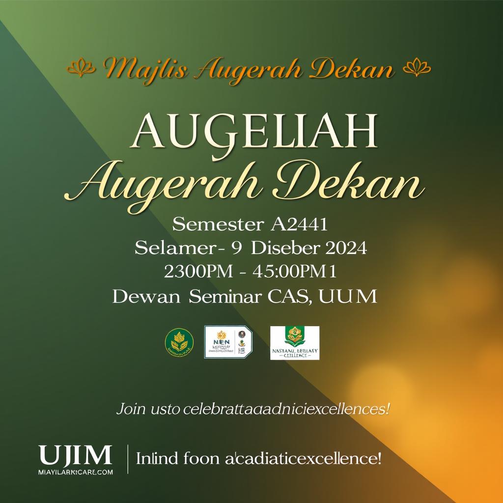 A beautifully designed event banner for the 'Majlis Augerah Dekan' ceremony, featuring elegant typography and a sophisticated color palette