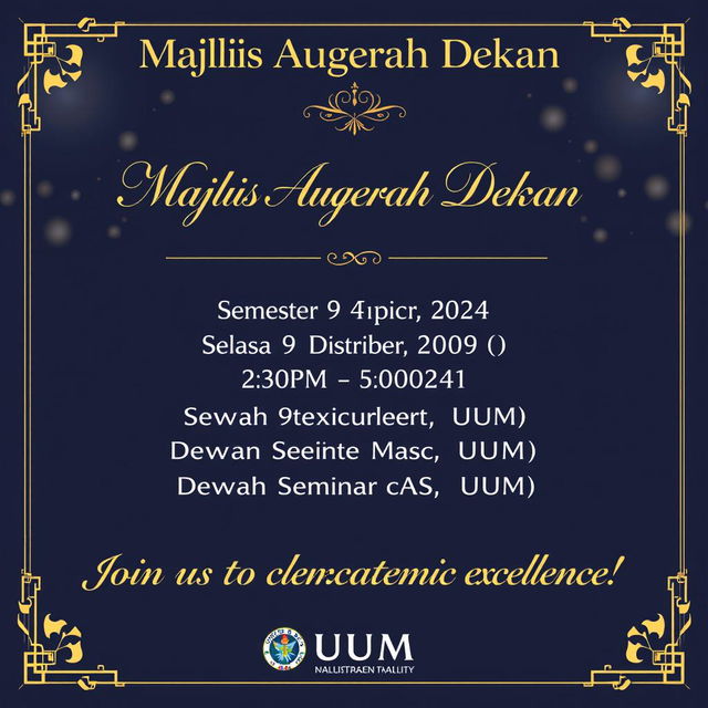 A beautifully designed event banner for the 'Majlis Augerah Dekan' ceremony, featuring elegant typography and a sophisticated color palette