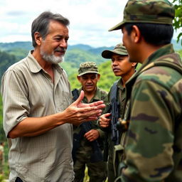 An evangelical pastor engaged in a dialogue with members of the guerrilla group in a peaceful setting in Colombia