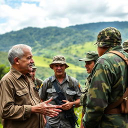 An evangelical pastor engaged in a dialogue with members of the guerrilla group in a peaceful setting in Colombia