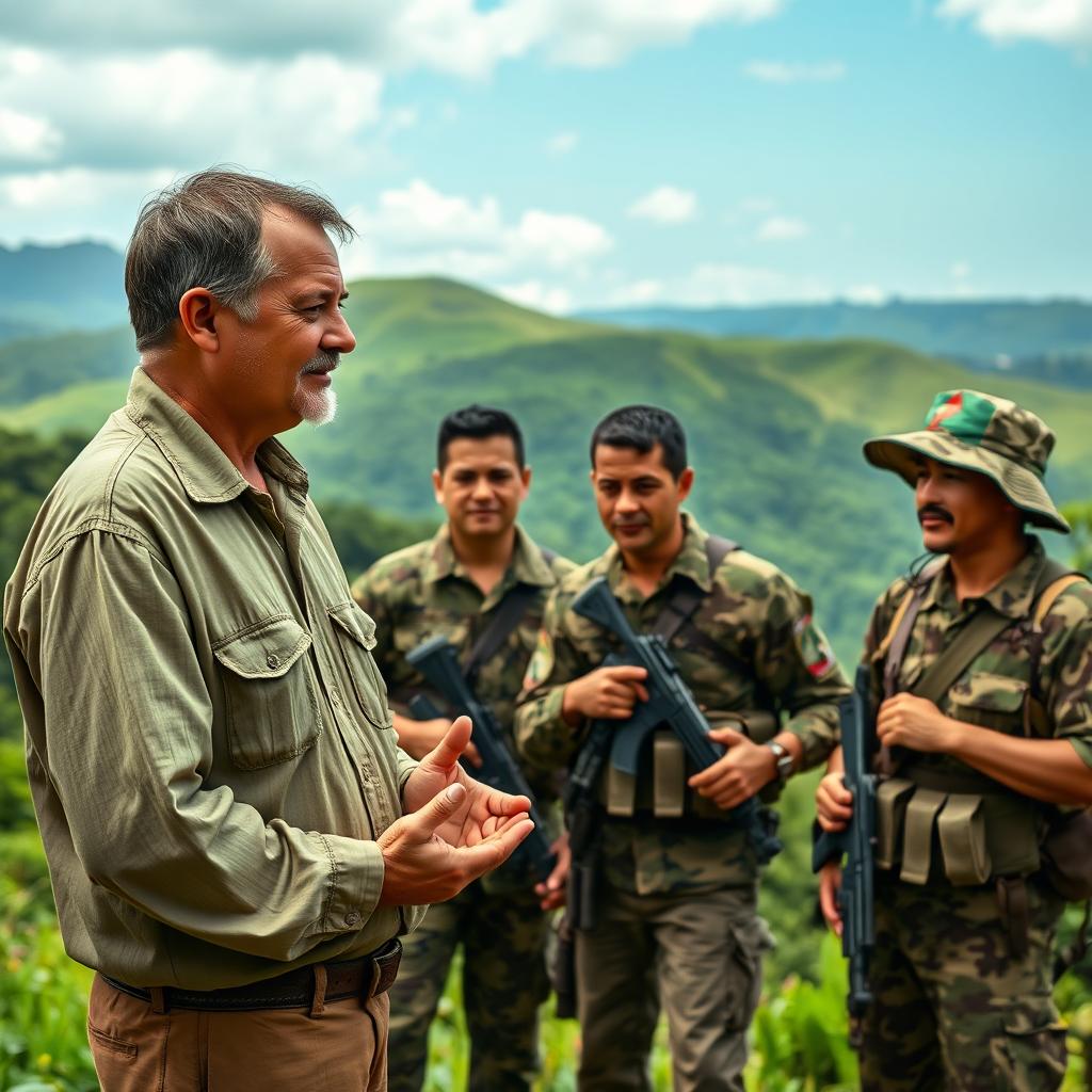 An evangelical pastor engaged in a dialogue with members of the guerrilla group in a peaceful setting in Colombia