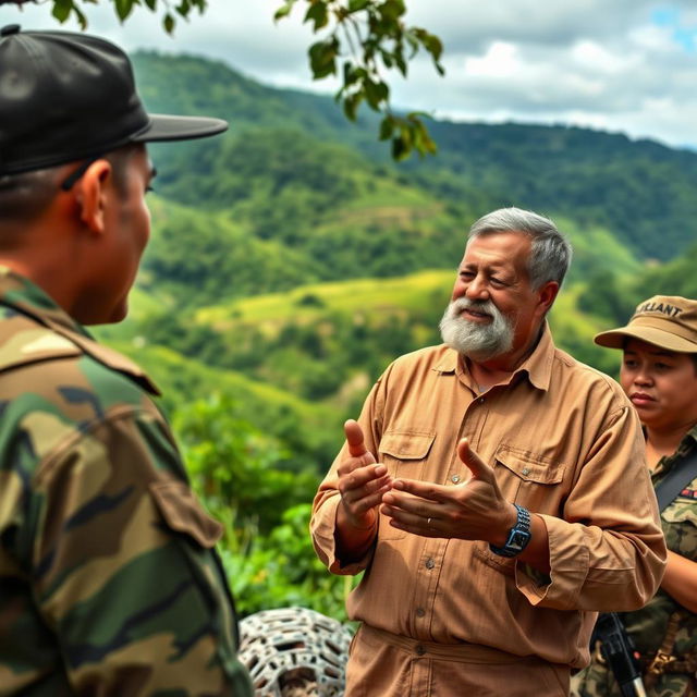 An evangelical pastor engaged in a dialogue with members of the guerrilla group in a peaceful setting in Colombia