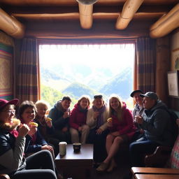 A group of tourists enjoying their time in a cozy Andean room, featuring traditional decor such as colorful woven textiles, wooden beams, and rustic furniture