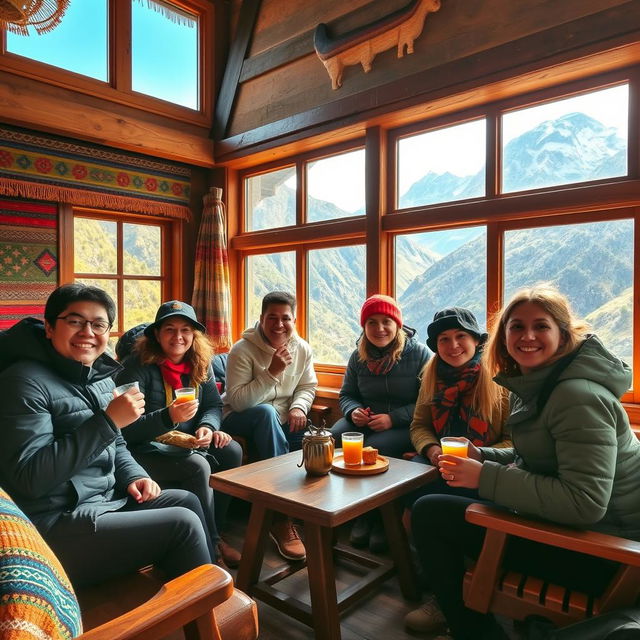 A group of tourists enjoying their time in a cozy Andean room, featuring traditional decor such as colorful woven textiles, wooden beams, and rustic furniture