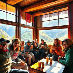 A group of tourists enjoying their time in a cozy Andean room, featuring traditional decor such as colorful woven textiles, wooden beams, and rustic furniture