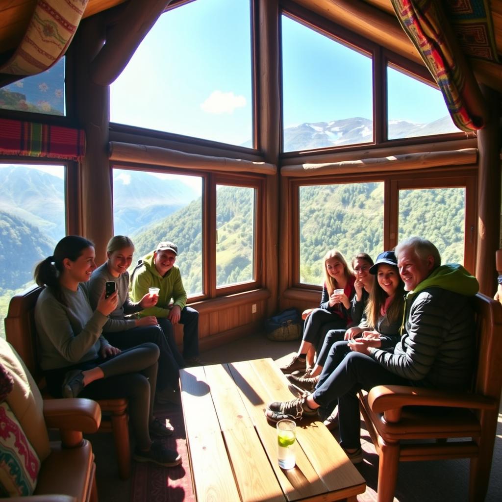 A group of tourists enjoying their time in a cozy Andean room, featuring traditional decor such as colorful woven textiles, wooden beams, and rustic furniture