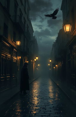 The Rue Morgue, a dark, atmospheric street scene, shrouded in fog with dimly lit gas lamps casting eerie shadows