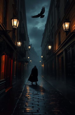 The Rue Morgue, a dark, atmospheric street scene, shrouded in fog with dimly lit gas lamps casting eerie shadows