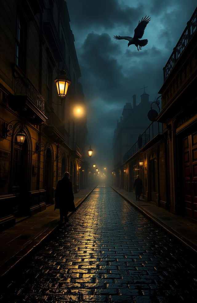 The Rue Morgue, a dark, atmospheric street scene, shrouded in fog with dimly lit gas lamps casting eerie shadows