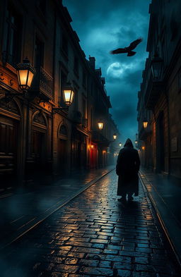 The Rue Morgue, a dark, atmospheric street scene, shrouded in fog with dimly lit gas lamps casting eerie shadows