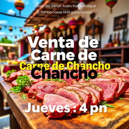A vibrant and enticing promotional image for a pork meat sale at a charming location known as Tambo, specifically at Casa del Señor Juan Yamunaque