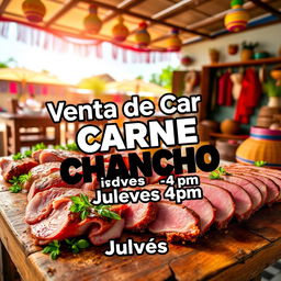 A vibrant and enticing promotional image for a pork meat sale at a charming location known as Tambo, specifically at Casa del Señor Juan Yamunaque