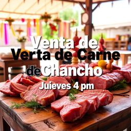A vibrant and enticing promotional image for a pork meat sale at a charming location known as Tambo, specifically at Casa del Señor Juan Yamunaque