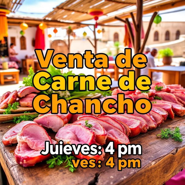 A vibrant and enticing promotional image for a pork meat sale at a charming location known as Tambo, specifically at Casa del Señor Juan Yamunaque