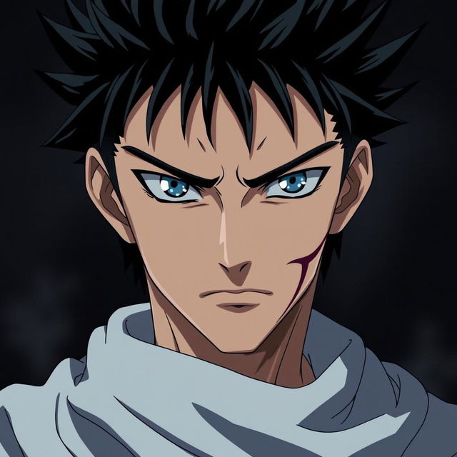 A striking anime character featuring a man with black spiky hair that stands out dramatically