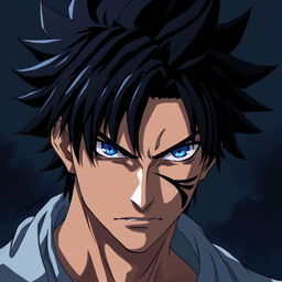 A striking anime character featuring a man with black spiky hair that stands out dramatically