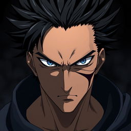 A striking anime character featuring a man with black spiky hair that stands out dramatically