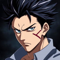 A striking anime character featuring a man with black spiky hair that stands out dramatically