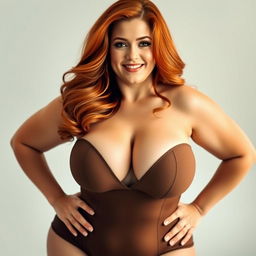 A voluptuous red-haired woman posing confidently, showcasing large breasts, in a sultry and alluring manner