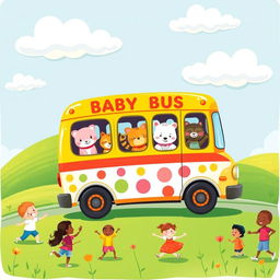 A colorful and cheerful illustration of a baby bus designed specifically for young children, featuring cute animal characters peeking out of the windows