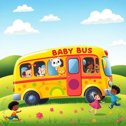A colorful and cheerful illustration of a baby bus designed specifically for young children, featuring cute animal characters peeking out of the windows