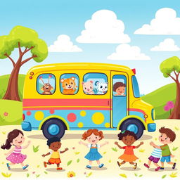 A colorful and cheerful illustration of a baby bus designed specifically for young children, featuring cute animal characters peeking out of the windows
