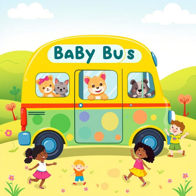 A colorful and cheerful illustration of a baby bus designed specifically for young children, featuring cute animal characters peeking out of the windows