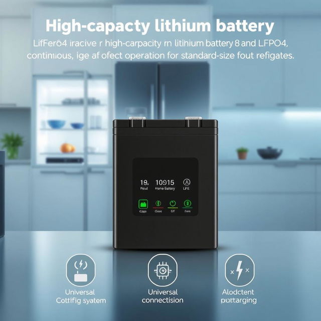 A high-capacity lithium battery (LiFePO4) designed to provide between 8 and 24 hours of continuous operation for standard-sized refrigerators