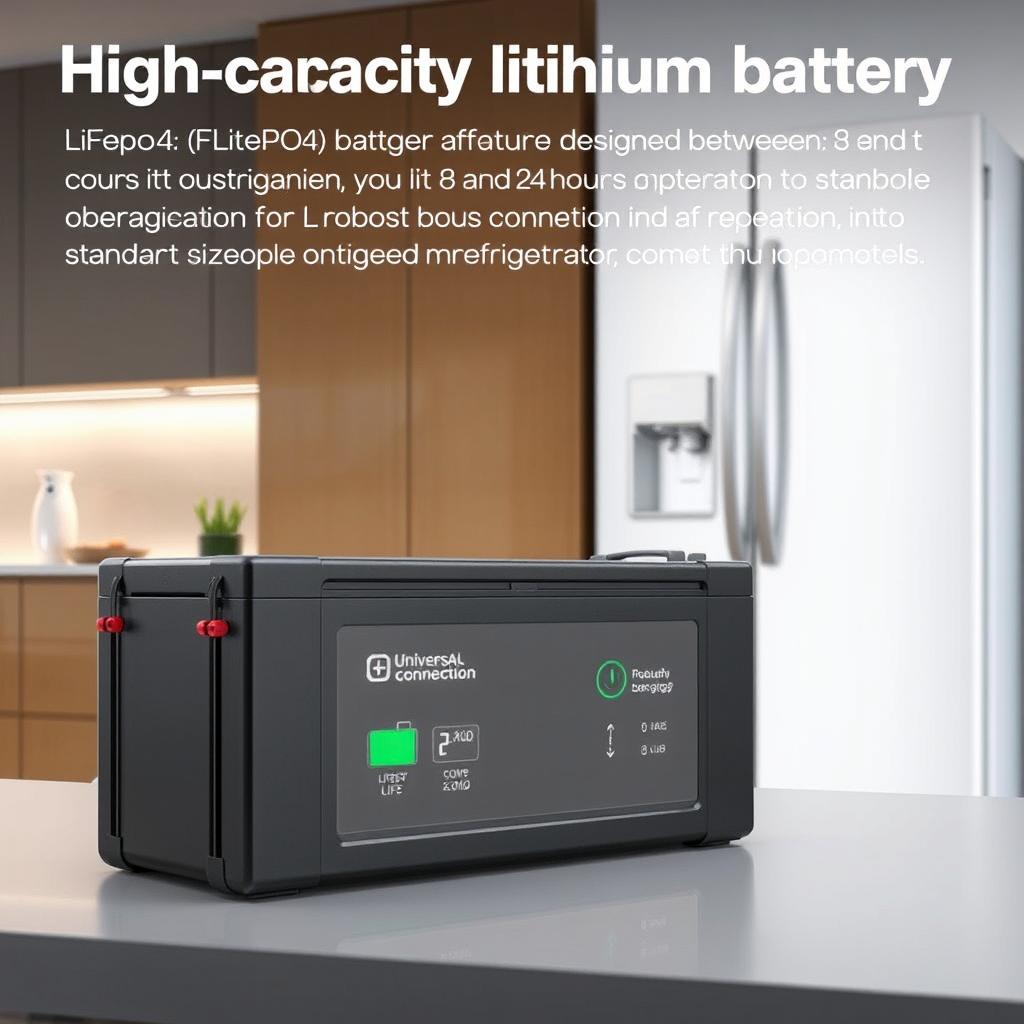 A high-capacity lithium battery (LiFePO4) designed to provide between 8 and 24 hours of continuous operation for standard-sized refrigerators