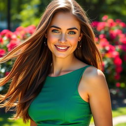 A stunningly beautiful young woman with long flowing brunette hair, captivating green eyes, and a radiant smile