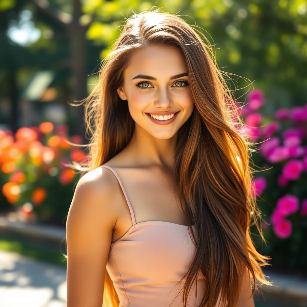 A stunningly beautiful young woman with long flowing brunette hair, captivating green eyes, and a radiant smile