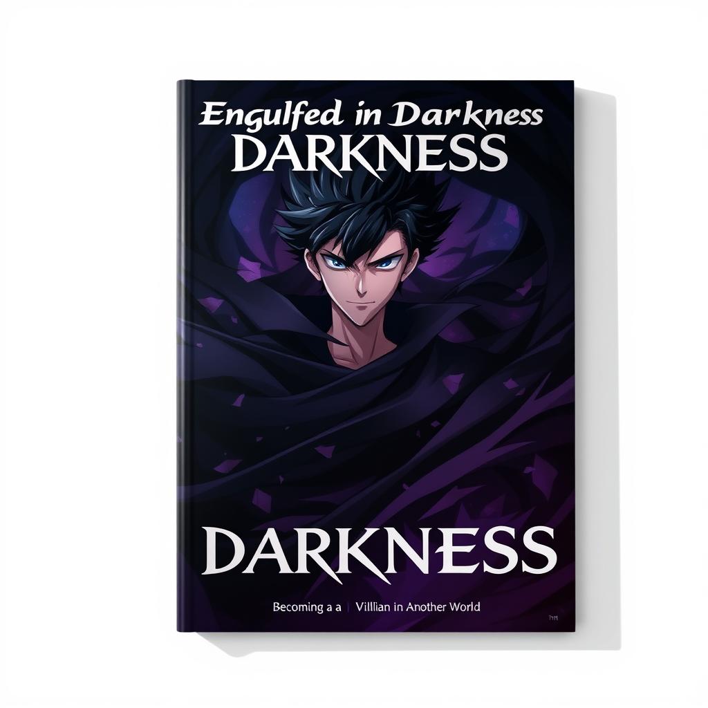 An eye-catching anime cover design featuring a man with striking black spiky hair and intense blue eyes, standing amidst an enveloping darkness