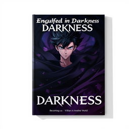 An eye-catching anime cover design featuring a man with striking black spiky hair and intense blue eyes, standing amidst an enveloping darkness