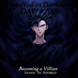 An eye-catching anime cover design featuring a man with striking black spiky hair and intense blue eyes, standing amidst an enveloping darkness