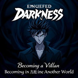 An eye-catching anime cover design featuring a man with striking black spiky hair and intense blue eyes, standing amidst an enveloping darkness