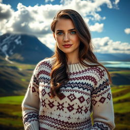 A 30-year-old Icelandic woman standing proudly against a stunning Icelandic backdrop