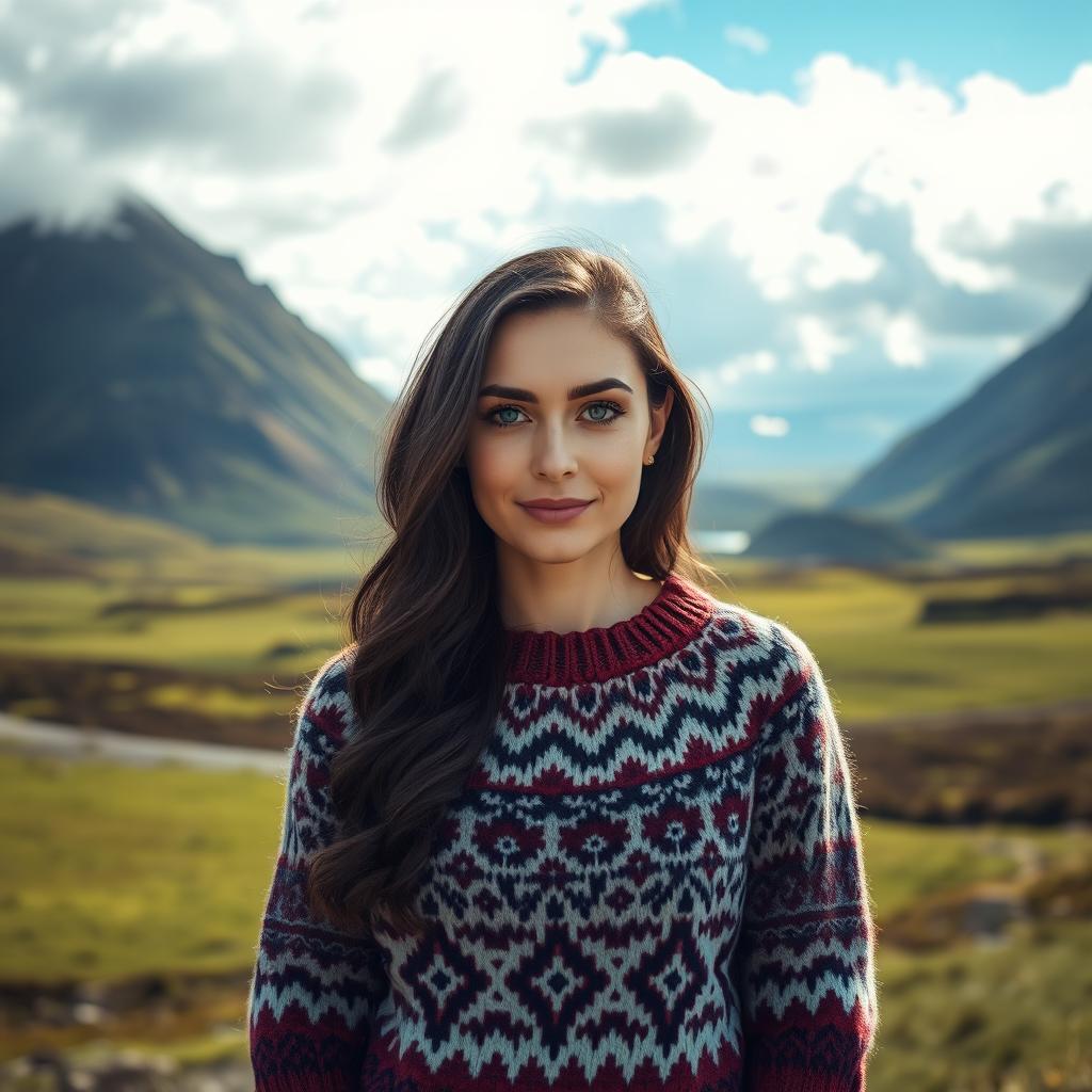 A 30-year-old Icelandic woman standing proudly against a stunning Icelandic backdrop