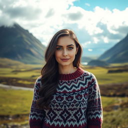 A 30-year-old Icelandic woman standing proudly against a stunning Icelandic backdrop